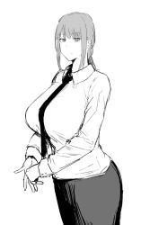 Rule 34 | 1girl, ass, black necktie, braid, braided ponytail, breasts, chainsaw man, collared shirt, fujou joshi, greyscale, huge ass, large breasts, looking at viewer, makima (chainsaw man), medium hair, monochrome, necktie, ringed eyes, shirt, sidelocks, simple background, smile, solo, white background, white shirt