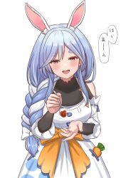 Rule 34 | 1girl, absurdres, animal ear fluff, animal ears, blue hair, blush, braid, braided ponytail, breasts, curry, food, highres, holding, holding spoon, hololive, incoming food, long hair, looking at viewer, mature female, multicolored hair, open mouth, pekomama, rabbit ears, rabbit girl, sharkudon, short eyebrows, smile, solo, speech bubble, spoon, thick eyebrows, virtual youtuber, white hair