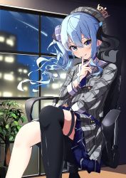 Rule 34 | + +, 1girl, :p, absurdres, ascot, beret, black thighhighs, blue ascot, blue choker, blue eyes, blue hair, blue nails, bracelet, chair, choker, crown, gaming chair, grey hat, hat, highres, hololive, hoshimachi suisei, hoshimachi suisei (1st costume), jewelry, looking at viewer, nail polish, plaid, plaid headwear, plaid skirt, side ponytail, single thighhigh, skirt, solo, spice mega, star (sky), star (symbol), swivel chair, thigh strap, thighhighs, tongue, tongue out, v, virtual youtuber