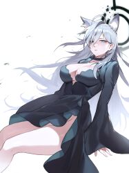 Rule 34 | 1girl, absurdres, animal ear fluff, animal ears, black choker, black dress, blue archive, blue eyes, breasts, choker, cleavage, commentary, dress, grey hair, hair ornament, halo, highres, large breasts, long sleeves, looking at viewer, mkd, shiroko (blue archive), shiroko terror (blue archive), sitting, thighs