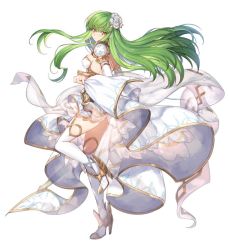 Rule 34 | 1girl, armor, backless outfit, boots, breasts, c.c., code geass, creayus, floating hair, flower, full body, green hair, hair flower, hair ornament, jewelry, long hair, looking at viewer, medium breasts, ring, see-through, shoulder armor, sideboob, simple background, solo, standing, standing on one leg, thigh boots, thighhighs, very long hair, white background, white flower, white footwear, yellow eyes