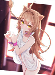 Rule 34 | 1girl, ahoge, animal ears, clothes lift, cuffs, dress, dress lift, eto (eto96-1114), handcuffs, highres, indie virtual youtuber, light brown hair, lion ears, lion girl, lion tail, long hair, mouth hold, no panties, restrained, rurudo lion, rurudo lion (1st costume), see-through, smile, solo, sundress, tail, virtual youtuber, wet, wet clothes, white dress, yellow eyes