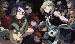 Rule 34 | 6+boys, 6+girls, adaman (pokemon), alternate costume, arezu (pokemon), black shirt, blonde hair, brown eyes, calaba (pokemon), clenched hand, closed mouth, commentary, creatures (company), dark-skinned male, dark skin, gaeric (pokemon), game freak, gen 4 pokemon, genzou (me genzo), glaceon, green hair, grin, highres, ingo (pokemon), irida (pokemon), iscan (pokemon), jacket, leafeon, lian (pokemon), logo, mai (pokemon), melli (pokemon), multicolored hair, multiple boys, multiple girls, nintendo, palina (pokemon), pokemon, pokemon (creature), pokemon legends: arceus, red jacket, sabi (pokemon), shirt, short hair, sleeveless, sleeveless shirt, smile, team aqua, team magma, teeth, upper teeth only