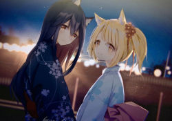 Rule 34 | 2girls, akonblank, alternate costume, animal ears, arknights, black hair, black kimono, blonde hair, blue kimono, brown eyes, commentary request, floral print, flower, hair between eyes, hair flower, hair ornament, highres, japanese clothes, kimono, long hair, long sleeves, looking at viewer, multiple girls, night, night sky, outdoors, partial commentary, short hair, sky, sora (arknights), texas (arknights), upper body, wolf ears, yellow eyes