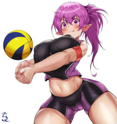 Rule 34 | 1girl, armband, ball, blush, breasts, breasts squeezed together, cameltoe, cleft of venus, covered erect nipples, crop top, from below, hairband, highres, jersey, large breasts, original, outstretched arms, own hands clasped, own hands together, pink eyes, pink hair, pointy ears, ponytail, puffy nipples, purple eyes, purple hair, shirt, short shorts, shorts, sleeveless, sleeveless shirt, solo, sportswear, t3x, tongue, tongue out, v arms, vampire, volleyball, volleyball (object), volleyball uniform