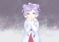 Rule 34 | 1girl, abstract background, ahoge, blush, bow, coat, covering own mouth, double bun, earmuffs, green eyes, hair bun, highres, long sleeves, looking at viewer, machico maki, manaka laala, nose blush, own hands together, palms together, pretty series, pripara, purple hair, short hair, solo, tareme, triangle, upper body, white bow, white coat