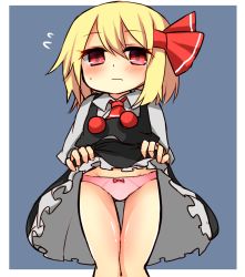 Rule 34 | 1girl, blonde hair, blush, bow, clothes lift, embarrassed, flying sweatdrops, hair bow, panties, pink panties, red eyes, ruhika, rumia, simple background, skirt, skirt lift, solo, touhou, underwear