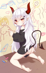Rule 34 | 1girl, ahoge, ass, bare legs, bare shoulders, barefoot, black shirt, blush, commentary request, crayon, curled horns, demon girl, demon horns, demon tail, earrings, grin, hair between eyes, hair ornament, highres, holding, holding crayon, horns, jewelry, kneeling, long hair, long sleeves, neps-l, no panties, off-shoulder shirt, off shoulder, original, pointy ears, puffy long sleeves, puffy sleeves, red eyes, shirt, smile, solo, tail, v-shaped eyebrows, very long hair, white hair