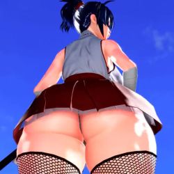 Rule 34 | 1girl, 3d, animated, ass, ass shake, bare shoulders, blue hair, curvy, fishnet thighhighs, fishnets, from behind, from below, hiromig, huge ass, long hair, manyuu chifusa, manyuu hikenchou, ponytail, skirt, sky, sleeveless, solo, thick thighs, thighhighs, thighs, video, wide hips