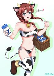 Rule 34 | 1girl, animal ears, aqua eyes, artist name, artist request, bandeau, bandeau bikini, bare shoulders, basket, bikini, blue eyes, blush, bottle, braid, breasts, brown footwear, brown hair, carrying, carrying bag, carrying under arm, clenched hand, collarbone, cow ears, cow tail, emma verde, female focus, floating hair, freckles, hair between eyes, hair tie, heart, holding, holding basket, long hair, looking at viewer, love live!, love live! nijigasaki high school idol club, milk bottle, neck bell, parted lips, red hair, shoes, side-tie bikini bottom, smile, solo, standing, standing on one leg, swimsuit, tail, twin braids, twintails, wavy hair, white background, white bandeau, white legwear