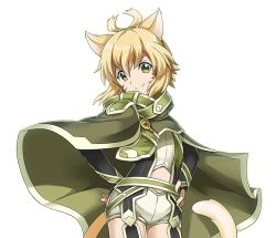 Rule 34 | 1girl, animal ears, antenna hair, argo the rat, blonde hair, cat ears, cat tail, cowboy shot, green eyes, hands on own hips, head tilt, looking at viewer, midriff, short hair with long locks, short shorts, shorts, sidelocks, smile, solo, standing, sword art online, tail, transparent background, white shorts