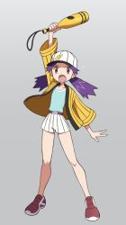Rule 34 | 1girl, :o, arm up, bad id, bad twitter id, baseball cap, blue shirt, casey (pokemon), creatures (company), eyelashes, full body, game freak, hat, holding, jacket, knees, long hair, monochrome, nintendo, open clothes, open jacket, open mouth, pokemon, pokemon (anime), pokemon (classic anime), purple eyes, purple hair, shirt, shoes, short shorts, shorts, solo, spread fingers, standing, striped clothes, striped shorts, sweat, tongue, twintails, vertical-striped clothes, vertical-striped shorts, white background, yoshi (moco1)