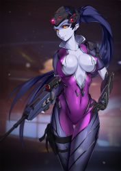 Rule 34 | 1girl, blue hair, blue skin, breasts, collarbone, colored skin, covered erect nipples, covered navel, earrings, gluteal fold, gun, head-mounted display, highres, impossible clothes, jewelry, large breasts, liu lan, long hair, looking to the side, md5 mismatch, overwatch, overwatch 1, ponytail, resolution mismatch, rifle, skin tight, smile, sniper rifle, solo, source larger, weapon, widowmaker (overwatch), yellow eyes
