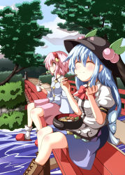 Rule 34 | 2girls, ^ ^, bendy straw, blouse, blue hair, blue skirt, blush, boots, bow, bowl, bridge, buttons, chopsticks, closed eyes, cloud, cross-laced footwear, cup, dango, day, drinking straw, eating, female focus, food, foodgasm, foot dangle, from side, fruit, hairband, hat, hat ornament, heart, hinanawi tenshi, holding, holding cup, komeiji satori, lace-up boots, long hair, long sleeves, looking afar, mouth hold, multiple girls, ominaeshi (takenoko), on railing, outdoors, peach, pink eyes, pink hair, pink skirt, puffy short sleeves, puffy sleeves, railing, river, road, shirt, short hair, short sleeves, sitting, skirt, sky, slippers, smile, socks, touhou, tree, wagashi, water, white legwear