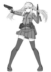 Rule 34 | 1girl, blush stickers, closed mouth, dual wielding, ear protection, full body, greyscale, gun, hair between eyes, hair ornament, hairclip, highres, holding, holding gun, holding weapon, jacket, loafers, long hair, long sleeves, looking away, monochrome, original, outstretched arm, pleated skirt, shoes, sidelocks, simple background, skirt, solo, standing, thighhighs, twintails, weapon, weapon request, white background, yakob labo