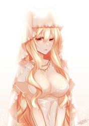 Rule 34 | 1girl, :d, animal ears, blonde hair, blush, breasts, bride, dated, dress, fox ears, hair between eyes, jewelry, juliet sleeves, konshin, large breasts, long sleeves, looking at viewer, necklace, open mouth, original, puffy sleeves, red eyes, see-through silhouette, signature, smile, solo, veil, wedding dress, white dress