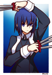 Rule 34 | 1girl, arm up, black dress, blue background, blue eyes, blue hair, ciel (tsukihime), closed mouth, cross, dress, gradient background, holding, holding knife, jewelry, knife, long sleeves, looking at viewer, moyashi (tenor366), outside border, pendant, short hair, solo, tsukihime, twitter username, v-shaped eyebrows