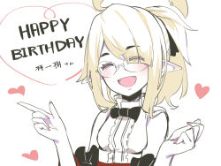 Rule 34 | 1girl, :d, ^ ^, ahoge, airi (ogami kazuki), asutora, blonde hair, blouse, borrowed character, closed eyes, colored skin, commentary request, closed eyes, eyes visible through hair, fangs, fingernails, glasses, happy birthday, heart, open mouth, original, pointy ears, shirt, short hair, simple background, sleeveless, sleeveless shirt, smile, solo, upper body, white background, white shirt, white skin