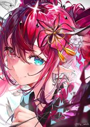 1girl blue_eyes blush bug butterfly closed_mouth commentary double-parted_bangs double_halo earrings flower flower_knot hair_between_eyes hair_flower hair_ornament halo heterochromia highres hololive hololive_english horns insect irys_(hololive) irys_(new_year)_(hololive) japanese_clothes jewelry kimono long_hair looking_at_viewer makigaihe multicolored_kimono official_alternate_costume official_alternate_hairstyle pink_eyes pointy_ears print_kimono red_hair smile solo star-shaped_pupils star_(symbol) star_halo symbol-shaped_pupils tassel tassel_hair_ornament twintails virtual_youtuber