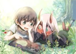 Rule 34 | 10s, 1boy, 1girl, bandages, bandaged foot, bandaged foot, bandages, black cloak, black hair, blue eyes, blush, book, candy, cloak, colored sclera, colored skin, commentary request, couple, darling in the franxx, flower, food, grass, green eyes, hands on own face, herozu (xxhrd), hiro (darling in the franxx), horns, long hair, lying, nightgown, on back, on stomach, oni horns, pink hair, red sclera, red skin, short hair, spoilers, tree, zero two (darling in the franxx)