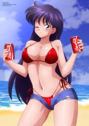 Rule 34 | 1girl, absurdres, beach, bikini, bishoujo senshi sailor moon, black hair, blue shorts, blush, brand name imitation, breasts, can, cleavage, cloud, coca-cola, collarbone, cutoffs, denim, denim shorts, drink, drink can, earrings, highleg, highleg bikini, highres, hino rei, jewelry, large breasts, long hair, looking at viewer, nail polish, navel, ocean, one eye closed, open clothes, open fly, open shorts, purple eyes, red bikini, sand, short shorts, shorts, side-tie bikini bottom, sky, smile, soda, soda can, swimsuit, toei animation, torn clothes, torn shorts, water, wink, zel-sama