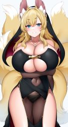 Rule 34 | 1girl, absurdres, animal ears, black dress, black panties, blonde hair, blue eyes, blush, breasts, cleavage, clothing cutout, commission, cross, cross necklace, curvy, dress, fox ears, fox tail, habit, highres, huge breasts, jewelry, long hair, looking at viewer, multiple tails, navel, navel cutout, necklace, original, panties, see-through, skeb commission, smile, solo, suruga (xsurugax), tail, thick thighs, thighs, underboob cutout, underwear, wide hips