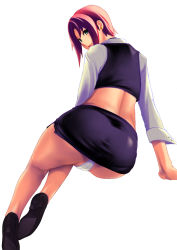 Rule 34 | 1girl, arisawa masaharu, ass, blush, cameltoe, earrings, from behind, green eyes, jewelry, legs, long sleeves, looking back, midriff, panties, red hair, rio rollins, shoes, short hair, simple background, sitting, skirt, smile, solo, super blackjack, thighs, underwear, white background, white panties