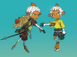 Rule 34 | 1boy, animal feet, aqua background, baggy pants, blue eyes, brown shorts, closed mouth, colored sclera, colored skin, fins, fish boy, full body, green vest, hand up, hashtag-only commentary, head fins, highres, holding, holding polearm, holding weapon, looking at viewer, male focus, monster boy, multiple views, orange skin, original, pants, polearm, shirt, short hair, shorts, simple background, umbs iso, vest, weapon, white hair, yellow sclera, yellow shirt