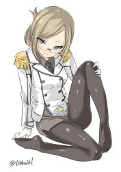 Rule 34 | 10s, 1girl, bad id, bad twitter id, black necktie, black pantyhose, blush, brown hair, buttons, closed mouth, collared shirt, double-breasted, ebifurya, epaulettes, eyebrows, folded ponytail, full body, glasses, gloves, green eyes, grey shirt, grey skirt, half updo, hand on own knee, highres, inactive account, jacket, kantai collection, katori (kancolle), knee up, long sleeves, looking to the side, necktie, no shoes, pantyhose, parted bangs, semi-rimless eyewear, shirt, simple background, sitting, skirt, smile, solo, twitter username, under-rim eyewear, white background, white gloves, yokozuwari