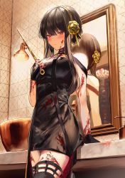 Rule 34 | 1girl, bathroom, black dress, black hair, black thighhighs, blood, blood on arm, blood on clothes, blood on face, blood on hands, blood on leg, blush, breasts, chandelier, closed mouth, dagger, dress, flower, glint, hair flower, hair ornament, highres, holding, holding dagger, holding knife, holding weapon, knife, leaning back, long hair, looking at object, medium breasts, mirror, red eyes, reflection, rose, sidelocks, sink, solo, spy x family, thighhighs, two-sided dress, two-sided fabric, weapon, y o u k a, yor briar, zettai ryouiki