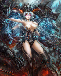Rule 34 | 1girl, arai29, black sclera, blue hair, breasts, cleavage, colored sclera, crown, extra arms, fantasy, highres, large breasts, magic, monster, monster girl, multi limb, original, parted lips, purple eyes, scales, silver hair, skull, teeth, thighhighs, witch