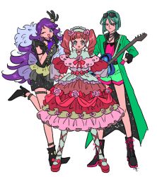 Rule 34 | 3girls, akagi anna, black dress, black footwear, blunt bangs, boots, coat, dress, eyewear on head, feather hair ornament, feathers, flipped hair, flower, frilled dress, frills, full body, gloves, green coat, green hair, green shorts, guitar, hair flower, hair ornament, hairband, hand up, hands on own hips, high heels, highres, instrument, jewelry, kiratto pri chan, lolita fashion, lolita hairband, long hair, long sleeves, looking at viewer, midorikawa sara, multiple girls, necklace, open clothes, open coat, open mouth, pink flower, pink rose, pink shirt, pretty series, purple eyes, purple gloves, purple hair, red dress, red footwear, red hair, red ribbon, ribbon, rituyama1, rose, shido mel, shirt, shoes, short hair, shorts, simple background, smile, standing, standing on one leg, sunglasses, thigh strap, twintails, white background, yellow eyes