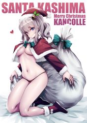 Rule 34 | 10s, 1girl, absurdres, bed sheet, blue eyes, blush, boots, breasts, capelet, character name, christmas, copyright name, covered erect nipples, hat, highres, kantai collection, kashima (kancolle), kneeling, long sleeves, looking at viewer, medium breasts, merry christmas, micro panties, navel, panties, red footwear, red panties, ribbon, sack, santa hat, short hair, smile, solo, souryu, twintails, underboob, underwear, wavy hair