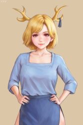 Rule 34 | 1girl, antlers, bad anatomy, blonde hair, blue nails, blue ribbon, blue shirt, blue skirt, blush, breasts, closed mouth, collarbone, contrapposto, cowboy shot, freckles, grey background, hair behind ear, hands on own hips, highres, horn ornament, horn ribbon, horns, kicchou yachie, lips, looking at viewer, medium breasts, nail polish, pink eyes, ribbon, shirt, short hair, side slit, simple background, skirt, sleeves past elbows, smile, solo, swept bangs, touhou, yyf (seaknight)