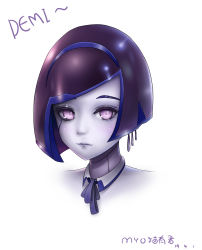 Rule 34 | 1girl, absurdres, android, artist name, black hair, blue hair, bow, bowtie, character name, chinese commentary, closed mouth, commentary request, dated, demi (subverse), detached collar, earrings, eyelashes, highres, jewelry, lips, looking at viewer, mao you jun, multicolored hair, portrait, purple eyes, robot, short hair, simple background, solo, subverse, two-tone hair, upper body, white background