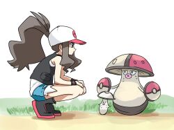 Rule 34 | 1girl, amoonguss, asamaru1225, baseball cap, black footwear, black vest, black wristband, boots, brown hair, closed mouth, creatures (company), evolutionary line, eyelashes, foongus, frown, game freak, gen 5 pokemon, grass, green eyes, hat, high ponytail, highres, hilda (pokemon), long hair, nintendo, pokemon, pokemon (creature), pokemon bw, shirt, short shorts, shorts, sidelocks, squatting, vest, white background, white headwear, white shirt