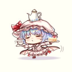 Rule 34 | 1girl, bad id, bad pixiv id, balancing, bat wings, blue hair, bow, cake, chibi, commentary request, cup, dress, food, hat, hat ribbon, highres, mob cap, object on head, pink dress, puffy sleeves, remilia scarlet, ribbon, short hair, simple background, solo, strawberry shortcake, suna sen, teacup, teapot, touhou, wings