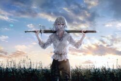 Rule 34 | 1other, androgynous, artist name, blue eyes, cloud, cloudy sky, collarbone, collared shirt, dirty, dirty clothes, grey hair, hair between eyes, highres, holding, holding sword, holding weapon, jdori, long hair, looking at viewer, original, sheath, sheathed, shirt, sky, sleeves past elbows, sleeves rolled up, standing, sword, weapon, white shirt, wind