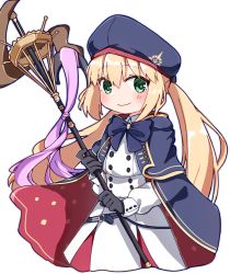Rule 34 | 1girl, artoria caster (fate), artoria caster (second ascension) (fate), artoria pendragon (fate), black gloves, blonde hair, blue bow, blue bowtie, blue cape, blue capelet, blue hat, blush, bow, bowtie, buttons, cape, capelet, chibi, closed mouth, cowboy shot, cropped legs, double-breasted, dress, fate/grand order, fate (series), gloves, green eyes, hat, holding, holding staff, long hair, looking at viewer, rabiiandrain, red cape, simple background, smile, solo, staff, twintails, two-sided cape, two-sided fabric, white background, white dress