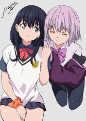 Rule 34 | 2girls, absurdres, arm between legs, artist name, black hair, black pantyhose, black shirt, black skirt, blue eyes, bow, bowtie, closed eyes, closed mouth, collared shirt, commentary, grey background, gridman universe, highres, holding hands, jacket, kissshotmagia, layered clothes, long hair, looking at another, looking to the side, miniskirt, multiple girls, off shoulder, orange scrunchie, pantyhose, purple bow, purple bowtie, purple hair, purple jacket, red bow, red bowtie, school uniform, scrunchie, shinjou akane, shirt, short hair, short sleeves, sideways glance, simple background, skirt, smile, ssss.gridman, straight hair, sweater, takarada rikka, watermark, white sweater, wrist scrunchie
