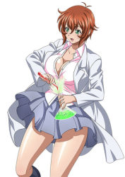 Rule 34 | 1girl, breasts, brown hair, chinkyuu koudai, cleavage, green eyes, ikkitousen, lab coat, lowres, open clothes, open shirt, pink shirt, shirt, short hair, simple background, skirt, tagme, white background