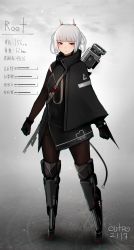 Rule 34 | 1girl, absurdres, black gloves, black legwear, cape, character profile, cyborg, detached sleeves, full body, gloves, highres, looking at viewer, mihato senba, original, red eyes, short hair, silver hair, solo, standing, tail, weapon