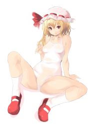 Rule 34 | 1girl, arm support, bad id, bad pixiv id, blonde hair, breasts, cameltoe, fan (pixiv), fan (squareff13), female focus, flandre scarlet, twirling hair, hat, highres, mary janes, navel, aged up, one-piece swimsuit, pussy, reclining, red eyes, see-through, shoes, short hair, side ponytail, small breasts, smile, socks, solo, spread legs, swimsuit, touhou, uncensored, white one-piece swimsuit
