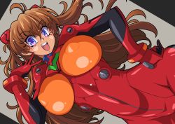 Rule 34 | 1girl, alternate breast size, blue eyes, bodysuit, breasts, brown hair, covered erect nipples, curvy, great magami, happy, highres, large breasts, long hair, looking at viewer, neon genesis evangelion, plugsuit, red bodysuit, shiny clothes, shiny skin, smile, solo, souryuu asuka langley, thighs, twintails
