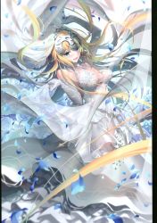 Rule 34 | 1girl, :d, absurdres, bare shoulders, blonde hair, blue gemstone, blush, breasts, bridal veil, bride, dress, elbow gloves, fate/apocrypha, fate/grand order, fate (series), floating hair, flower, gem, gloves, hair between eyes, headpiece, highres, holding, jeanne d&#039;arc (fate), jeanne d&#039;arc (ruler) (fate), jewelry, kousaki rui, large breasts, long hair, looking at viewer, necklace, open mouth, petals, scan, see-through, sidelocks, smile, solo, veil, very long hair, wedding dress, white dress, white gloves, wind