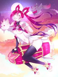 Rule 34 | breasts, clothes lift, dollachan, earrings, eyeliner, flying, jewelry, jinx (league of legends), kuro (league of legends), league of legends, makeup, moon, navel, nipples, pink hair, rocket, shiro (league of legends), shirt lift, shoes, sky, star guardian (league of legends), yellow eyes