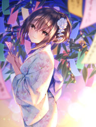 Rule 34 | 1girl, blurry, blurry foreground, blush, brown hair, closed mouth, commentary request, depth of field, floral print, flower, hair between eyes, hair flower, hair ornament, holding, japanese clothes, kimono, long sleeves, looking at viewer, looking to the side, original, ponytail, print kimono, sidelocks, smile, solo, sorai shin&#039;ya, tanabata, tanzaku, unmoving pattern, white flower, white kimono, wide sleeves, yukata