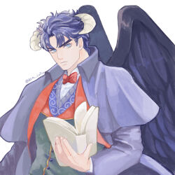 Rule 34 | 1boy, blue eyes, blue hair, book, bow, bowtie, closed mouth, commentary request, european clothes, feathered wings, grm jogio, holding, holding book, horns, jojo no kimyou na bouken, jonathan joestar, long sleeves, looking to the side, male focus, muscular, phantom blood, red bow, red bowtie, short hair, simple background, solo, vest, white background, wings