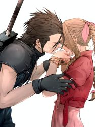 Rule 34 | 1boy, 1girl, aerith gainsborough, armor, black gloves, black hair, blue eyes, bracelet, braid, braided ponytail, brown hair, buster sword, couple, crying, dress, final fantasy, final fantasy vii, final fantasy vii remake, from side, gloves, hair ribbon, hands up, highres, imminent hug, jacket, jewelry, long hair, looking at another, maiii (smaii i), pink dress, pink ribbon, red jacket, ribbon, shoulder armor, spiked hair, sweater, tears, turtleneck, turtleneck sweater, weapon, weapon on back, white background, zack fair