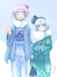 Rule 34 | 2girls, bag, blue eyes, blue kimono, blunt bangs, bob cut, butterfly hair ornament, closed eyes, cowboy shot, green kimono, hair ornament, hands in opposite sleeves, holding, holding bag, japanese clothes, kimono, kinchaku, konpaku youmu, konpaku youmu (ghost), multiple girls, new year, obi, open mouth, pink hair, pouch, rangycrow, saigyouji yuyuko, sash, scarf, short hair, simple background, touhou, white hair